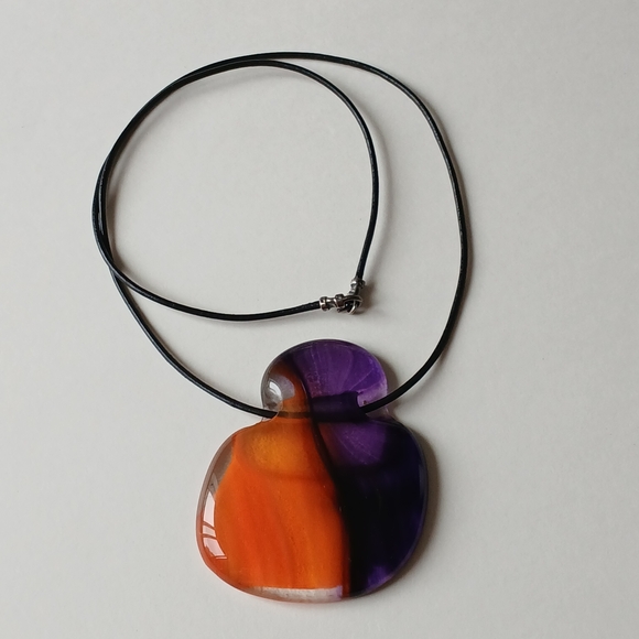 Jewelry - Vng Glass Pendant Orange Purple Unique Bold Statement Necklace on Black Cord 925